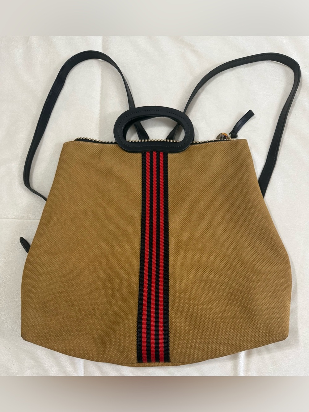 Clare V Tan Perforated Suede Backpack Tote Red Black Stripe Leather Trim